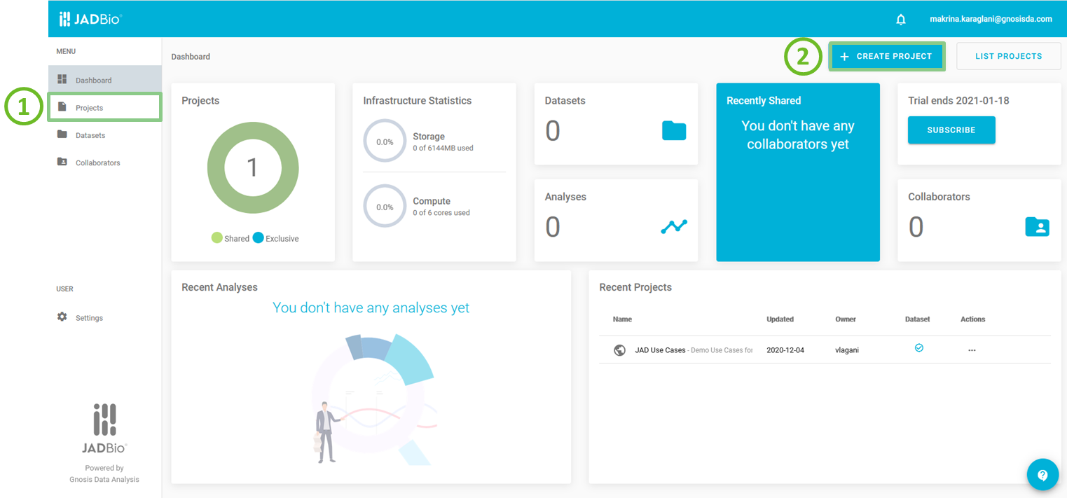 JADBio's main screen