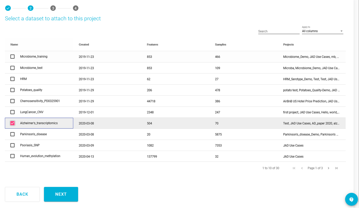 Select a dataset to attach