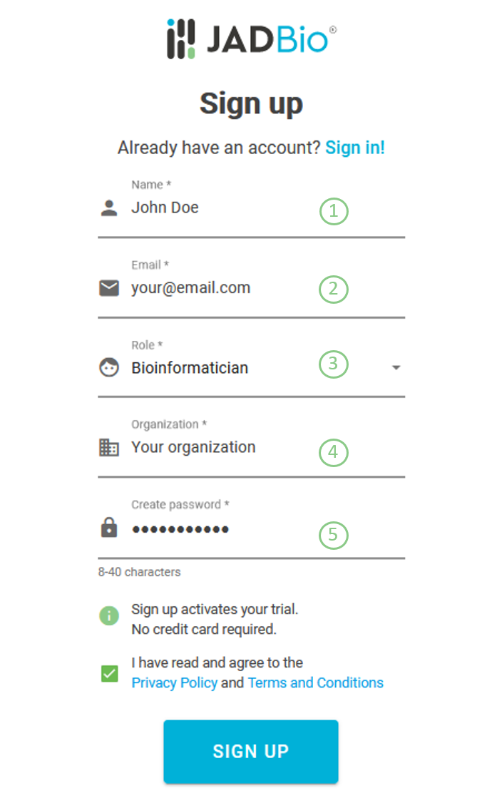 Sign up dialog